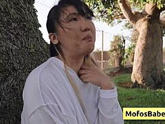 asian teen tomie tang reveals big tits to friend outdoors