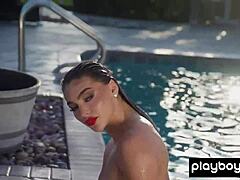 Smoking Hot Brunette Emjay Rinaudo Strips By Pool