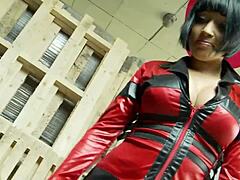 the firefighter girl in costume gets stuffed