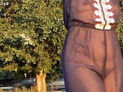 I see this hairy mature in transparent outfit outdoors.
