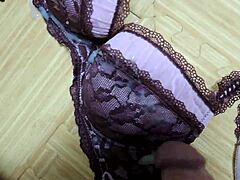 Intense cumshot on step sister's pink leopard bra and black lingerie.