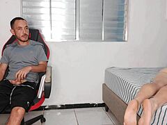 Excited half-sister provokes half-brother with exposed ass