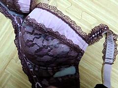 Intense cumshot on step sister's pink leopard bra and black lingerie.