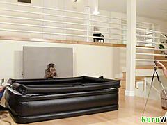 Hot Brunette Masseuse Films Herself Sucking Big Cock in Nuru Session