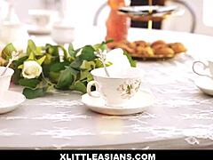 Dolled up in cute dress, Kimmy Kim plays tea time with David Lee, gets fucked from behind with clothes on, I lick her pussy