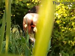 Outdoor piss in nature leads to lesbian pussy masturbation orgasm