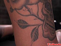 inked bdsm sub restrained for pussy rubbing