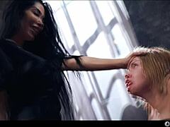 Ashby, cute blonde, mesmerized into lesbian sex slave by brunette vampire, licking and cunilingus.