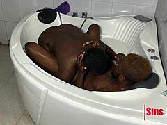 In the jacuzzi, the milf with natural tits enjoys hardcore sex with a monster cock