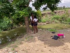 Chubby BBW amateur screams while fucking friend in forest