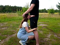 petite brunette wants to swallow cum outdoors