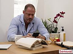 this man passionately handles all the shemales around him with doggystyle