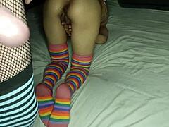 Crossdresser fucks brunette